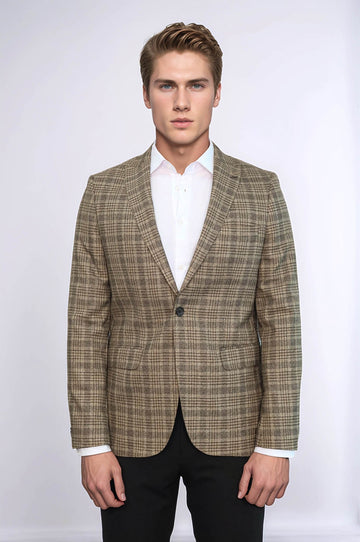 Men’s Light Caramel Glen Plaid Slim Fit Notch Lapel Sport Blazer