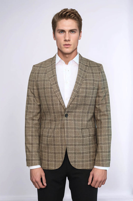 Men’s Light Caramel Glen Plaid Slim Fit Notch Lapel Sport Blazer