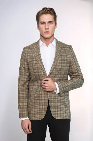 Men’s Light Caramel Glen Plaid Slim Fit Notch Lapel Sport Blazer
