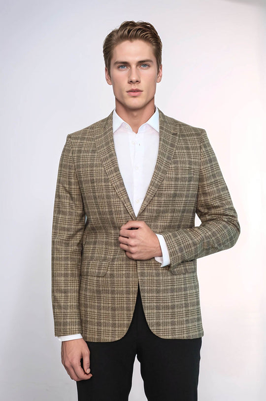 Men’s Light Caramel Glen Plaid Slim Fit Notch Lapel Sport Blazer