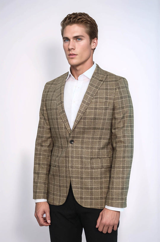 Men’s Light Caramel Glen Plaid Slim Fit Notch Lapel Sport Blazer