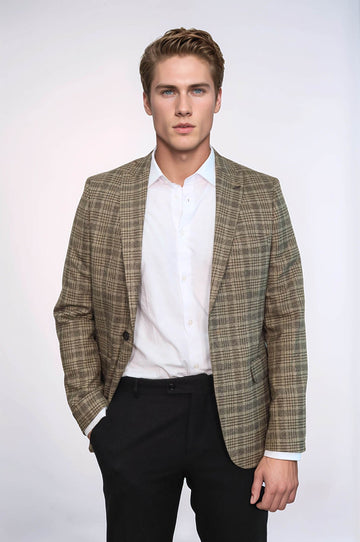 Men’s Light Caramel Glen Plaid Slim Fit Notch Lapel Sport Blazer