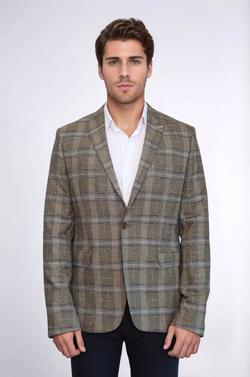 Men’s Sand Beige Checked Slim Fit Notch Lapel Blazer