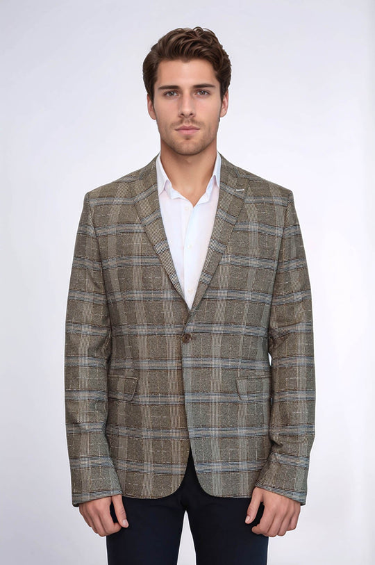 Men’s Sand Beige Checked Slim Fit Notch Lapel Blazer