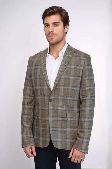 Men’s Sand Beige Checked Slim Fit Notch Lapel Blazer