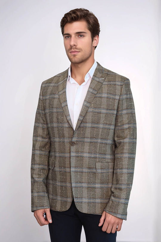 Men’s Sand Beige Checked Slim Fit Notch Lapel Blazer