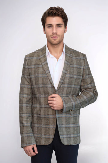Men’s Sand Beige Checked Slim Fit Notch Lapel Blazer