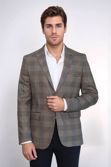 Men’s Earthy Brown Fine Plaid Slim Fit Notch Lapel Sport Blazer