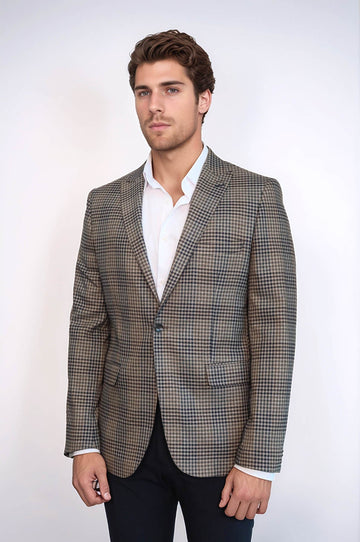 Men’s Earthy Brown Fine Plaid Slim Fit Notch Lapel Sport Blazer