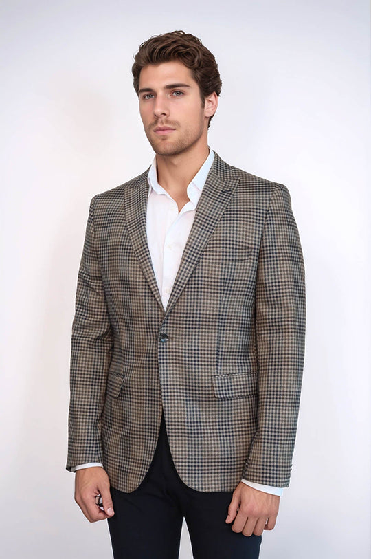 Men’s Earthy Brown Fine Plaid Slim Fit Notch Lapel Sport Blazer