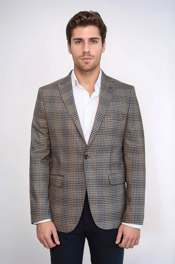 Men’s Earthy Brown Fine Plaid Slim Fit Notch Lapel Sport Blazer