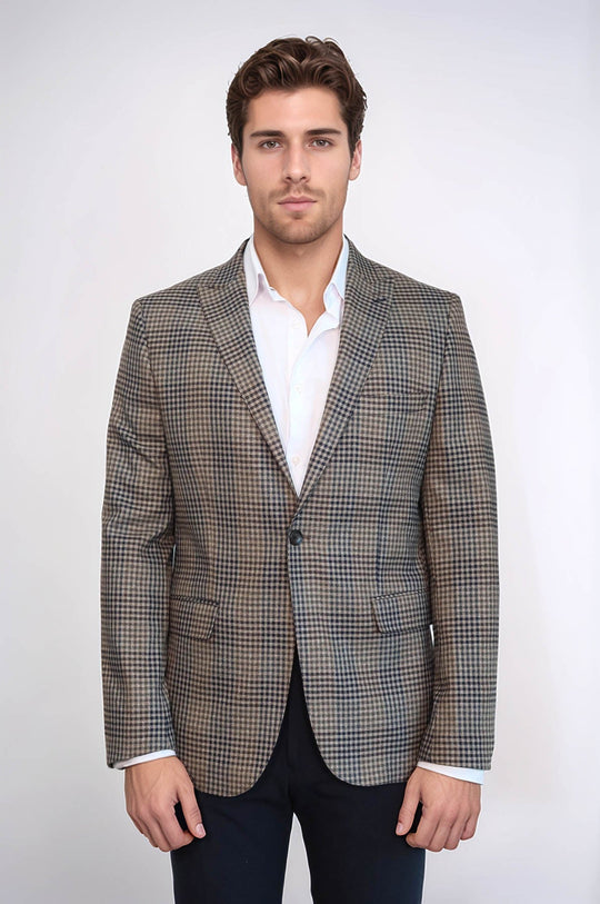 Men’s Earthy Brown Fine Plaid Slim Fit Notch Lapel Sport Blazer