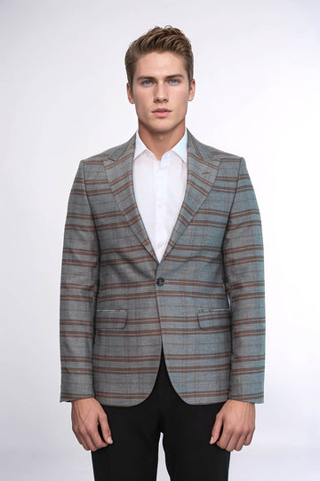 Men’s Grey & Brown Horizontal Checked Slim Fit Peak Lapel Blazer