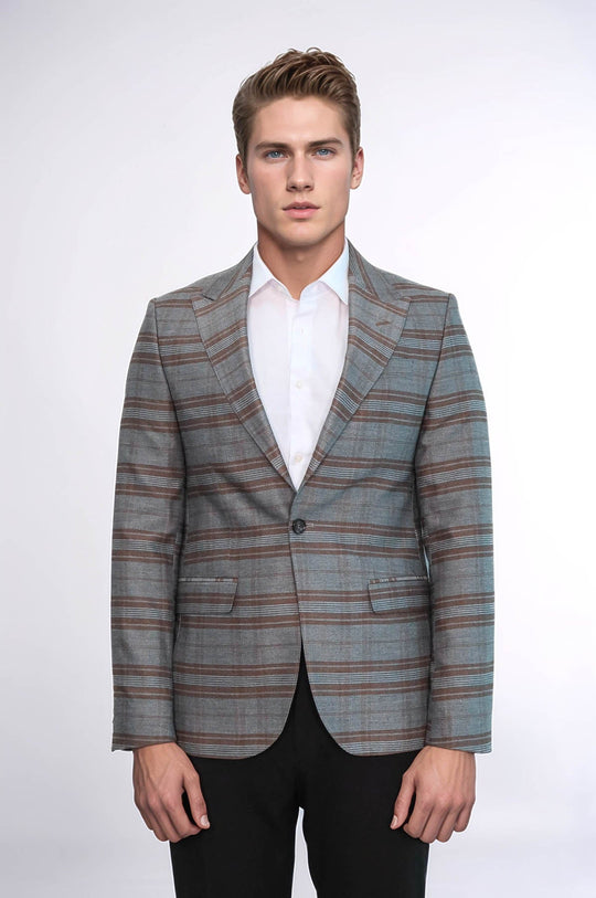 Men’s Grey & Brown Horizontal Checked Slim Fit Peak Lapel Blazer
