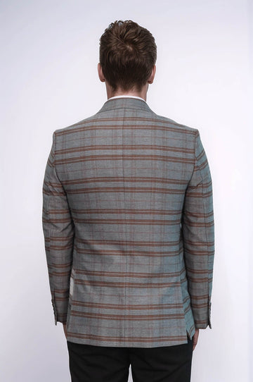 Men’s Grey & Brown Horizontal Checked Slim Fit Peak Lapel Blazer