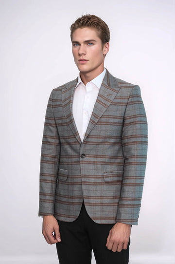 Men’s Grey & Brown Horizontal Checked Slim Fit Peak Lapel Blazer