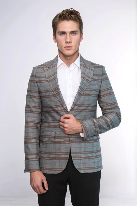 Men’s Grey & Brown Horizontal Checked Slim Fit Peak Lapel Blazer