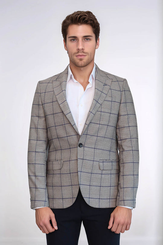 Men’s Beige Glen Plaid & Blue Windowpane Slim Fit Peak Lapel Blazer