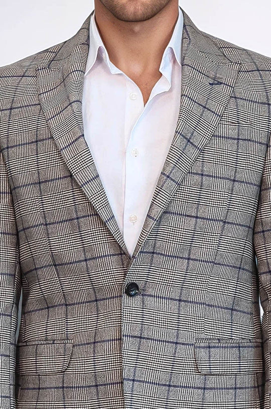 Men’s Beige Glen Plaid & Blue Windowpane Slim Fit Peak Lapel Blazer