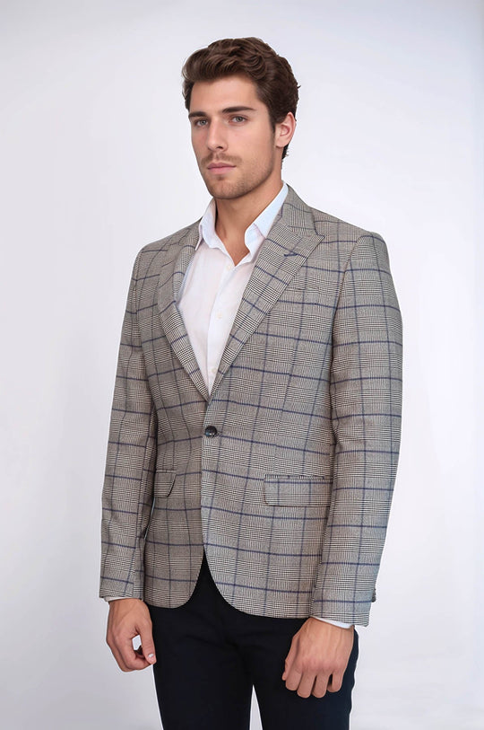 Men’s Beige Glen Plaid & Blue Windowpane Slim Fit Peak Lapel Blazer