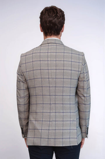 Men’s Beige Glen Plaid & Blue Windowpane Slim Fit Peak Lapel Blazer