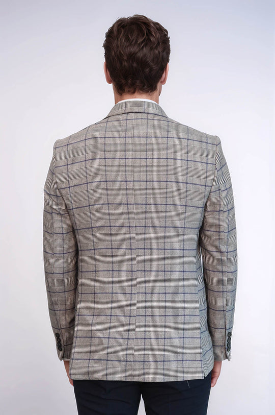 Men’s Beige Glen Plaid & Blue Windowpane Slim Fit Peak Lapel Blazer