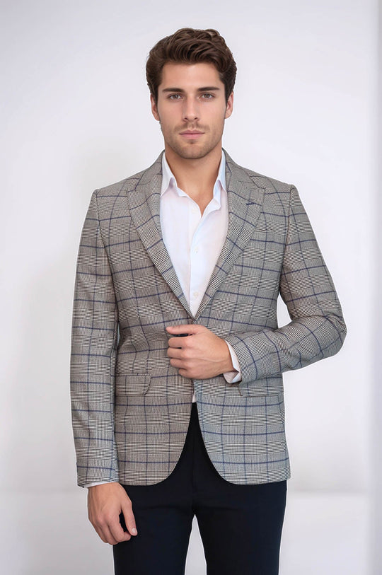 Men’s Beige Glen Plaid & Blue Windowpane Slim Fit Peak Lapel Blazer