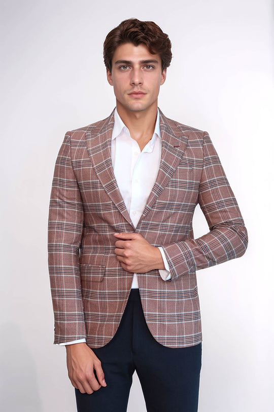 Men’s Burgundy Windowpane Checked Slim Fit Peak Lapel Sport Blazer