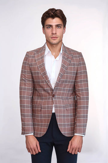 Men’s Burgundy Windowpane Checked Slim Fit Peak Lapel Sport Blazer