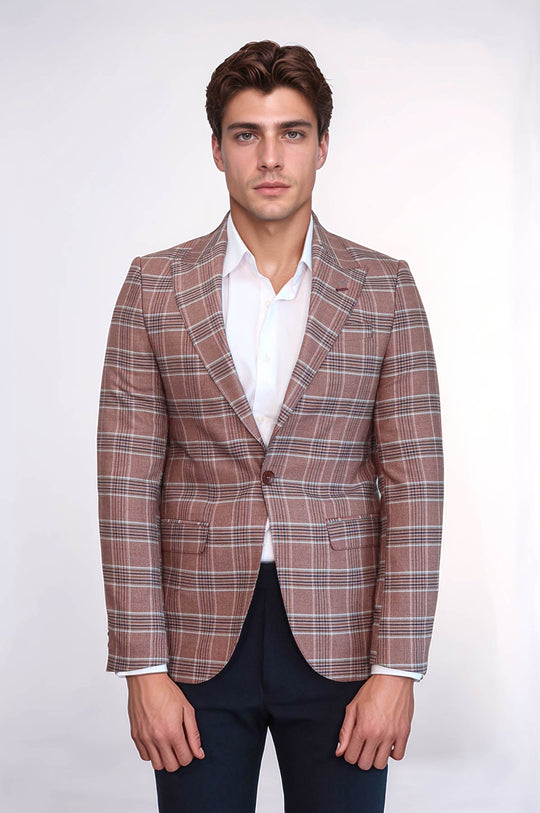 Men’s Burgundy Windowpane Checked Slim Fit Peak Lapel Sport Blazer