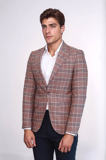 Men’s Burgundy Windowpane Checked Slim Fit Peak Lapel Sport Blazer