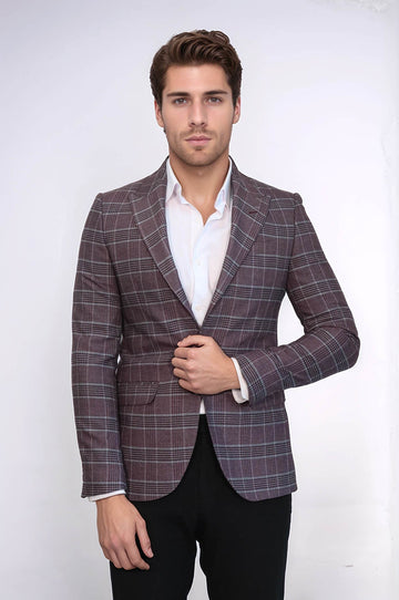 Men’s Burgundy Checked Slim Fit Peak Lapel Sport Blazer