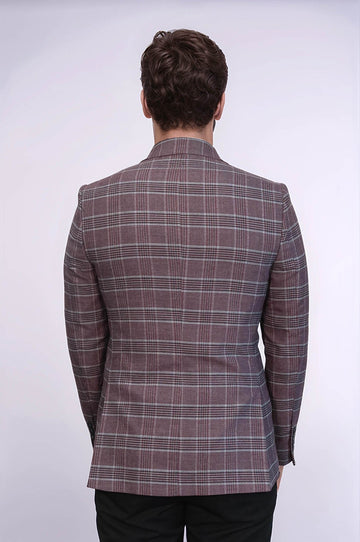 Men’s Burgundy Checked Slim Fit Peak Lapel Sport Blazer
