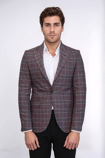 Men’s Burgundy Checked Slim Fit Peak Lapel Sport Blazer