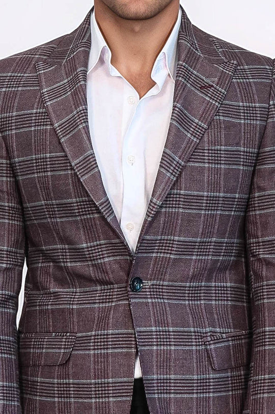 Men’s Burgundy Checked Slim Fit Peak Lapel Sport Blazer