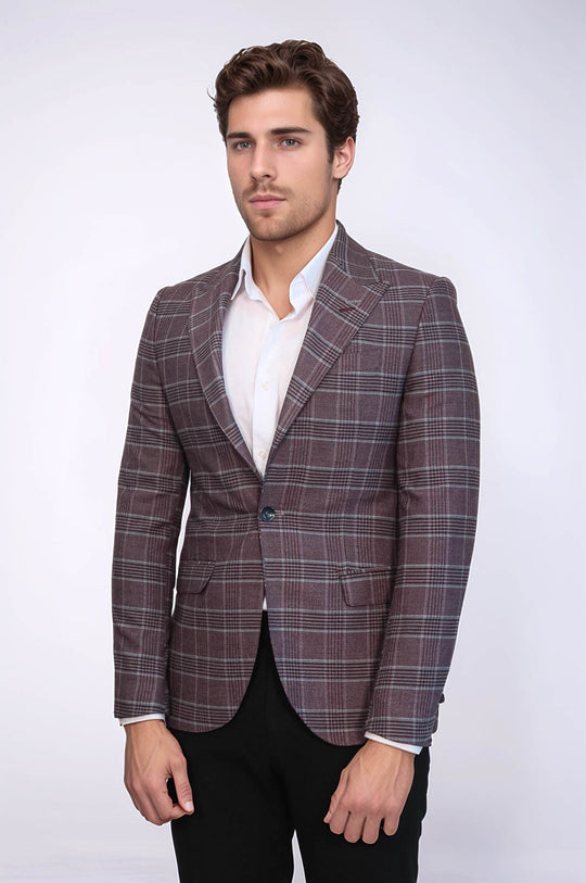 Men’s Burgundy Checked Slim Fit Peak Lapel Sport Blazer