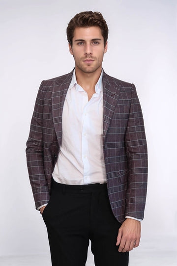Men’s Burgundy Checked Slim Fit Peak Lapel Sport Blazer