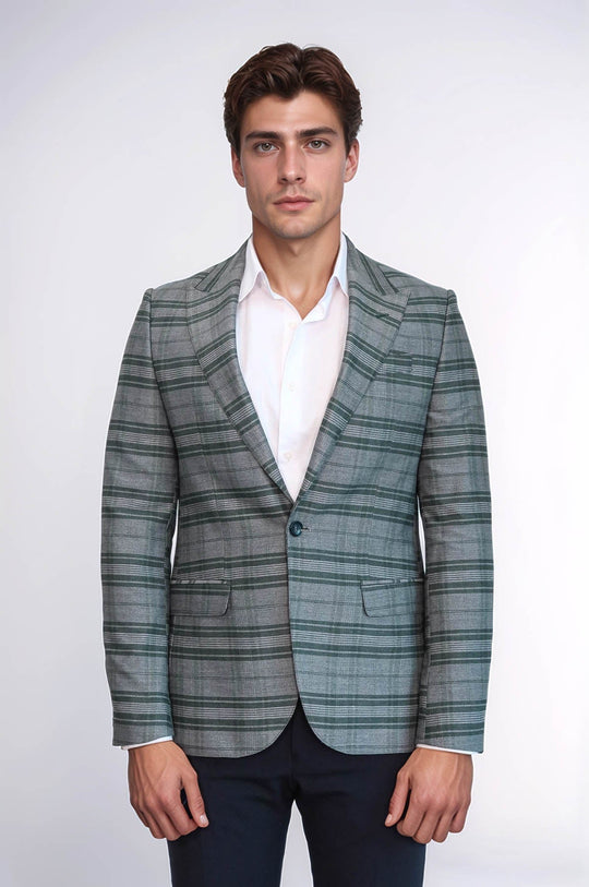 Men’s Green Checked Slim Fit Peak Lapel Sport Blazer
