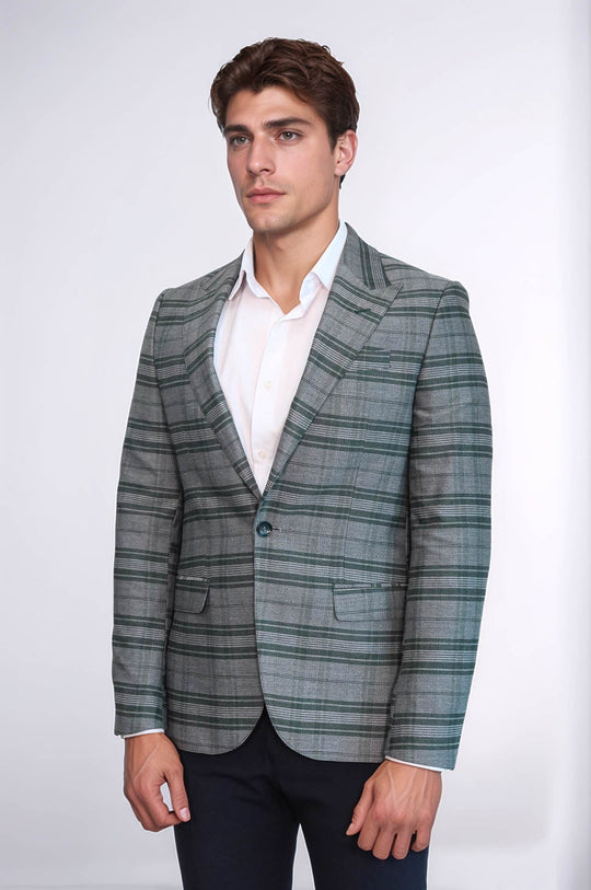 Men’s Green Checked Slim Fit Peak Lapel Sport Blazer