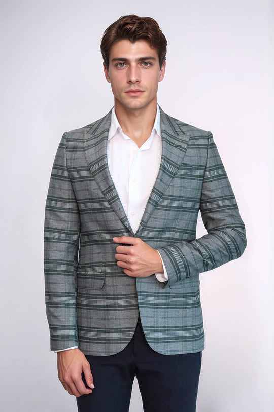 Men’s Green Checked Slim Fit Peak Lapel Sport Blazer