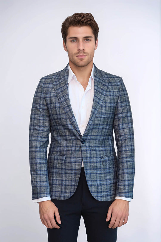 Men’s Navy Blue Micro-Checked Slim Fit Notch Lapel Blazer