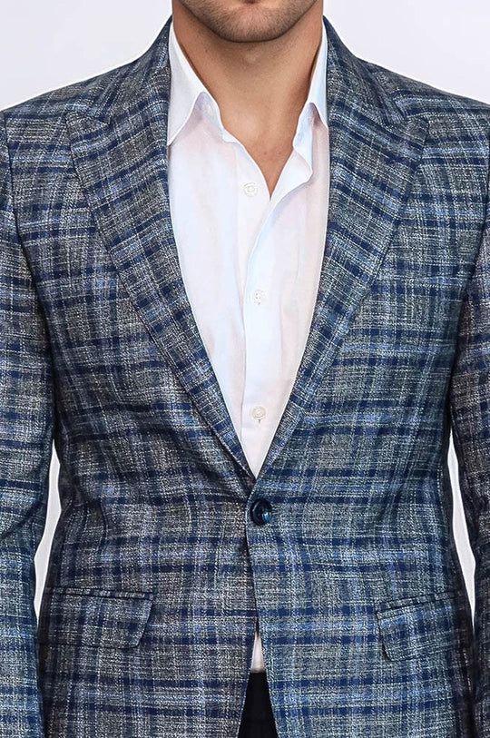 Men’s Navy Blue Micro-Checked Slim Fit Notch Lapel Blazer
