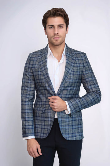 Men’s Navy Blue Micro-Checked Slim Fit Notch Lapel Blazer