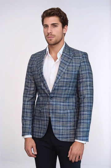 Men’s Navy Blue Micro-Checked Slim Fit Notch Lapel Blazer