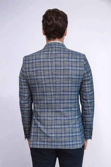 Men’s Navy Blue Micro-Checked Slim Fit Notch Lapel Blazer