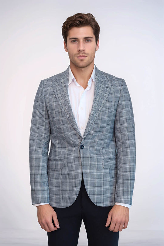 Men’s Grey Glen Plaid Slim Fit Peak Lapel Sport Blazer