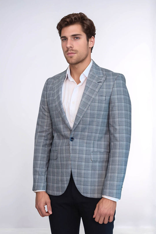 Men’s Grey Glen Plaid Slim Fit Peak Lapel Sport Blazer