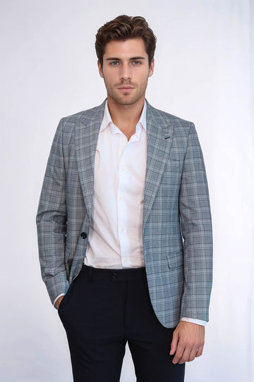 Men’s Grey Glen Plaid Slim Fit Peak Lapel Sport Blazer