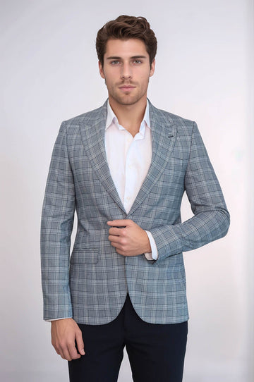 Men’s Grey Glen Plaid Slim Fit Peak Lapel Sport Blazer