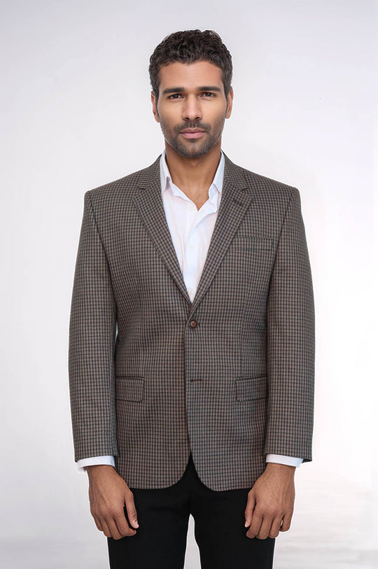 Men’s Brown Micro-Checkered 4 Drop Classic Fit Notch Lapel Sport Blazer